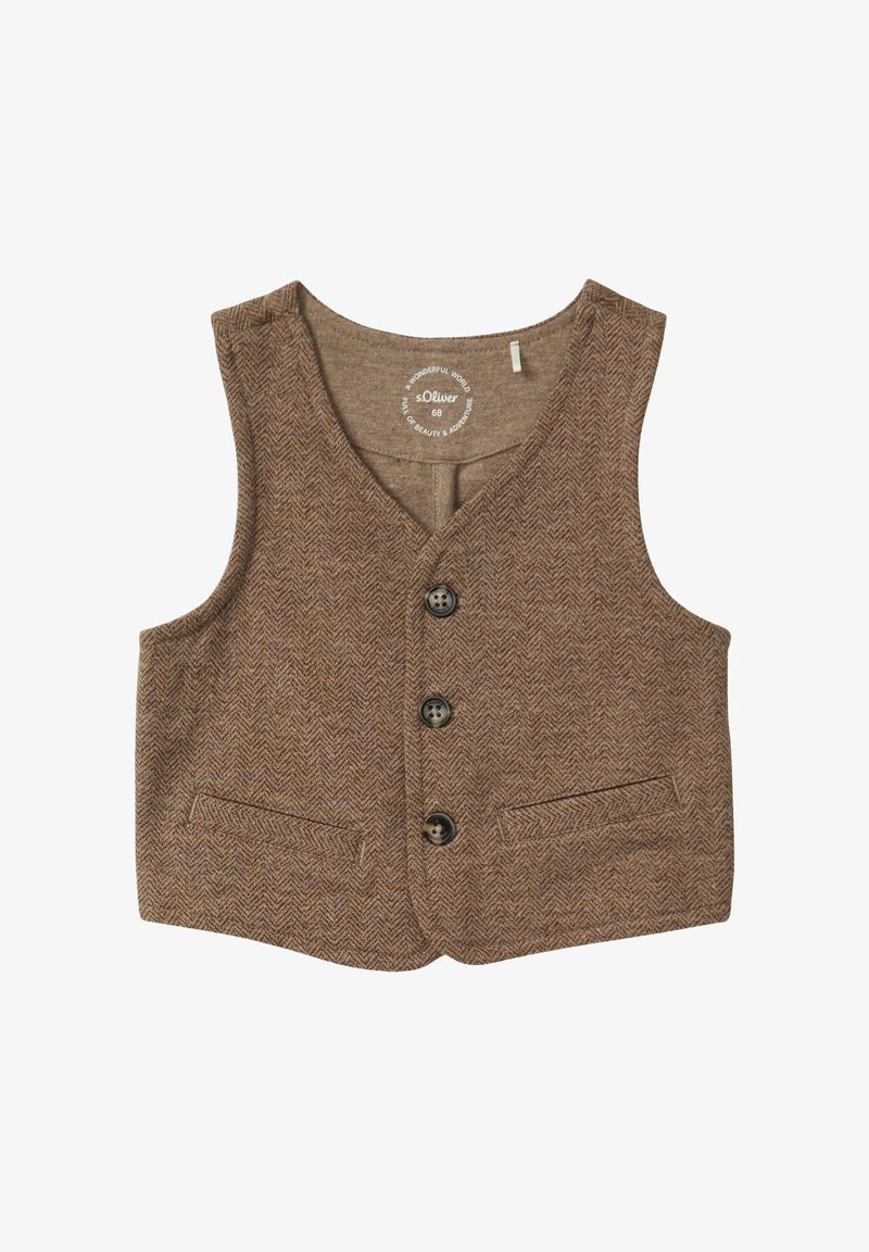 Gilet marron en chevron en tissu tissé avec un col en V, comportant quatre boutons noirs et deux poches avant.