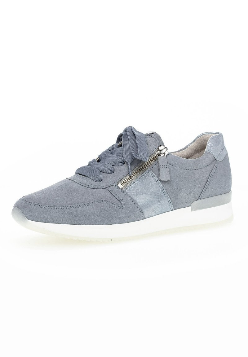 Gray suede sneaker featuring a lace-up design, side zipper, contrasting light gray accents, and a white rubber sole.
