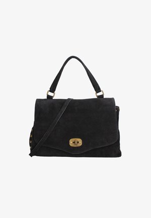 Borsa a tracolla in suede nero con chiusura a pattina e clasp dorato. Presenta un manico singolo, tracolla regolabile e borchie decorative sui lati.