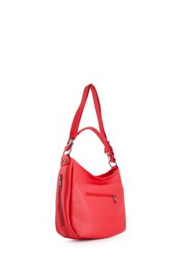 Red leather shoulder bag with a textured finish, a curved shape, a long strap, and exterior zippered pockets on the front and side.