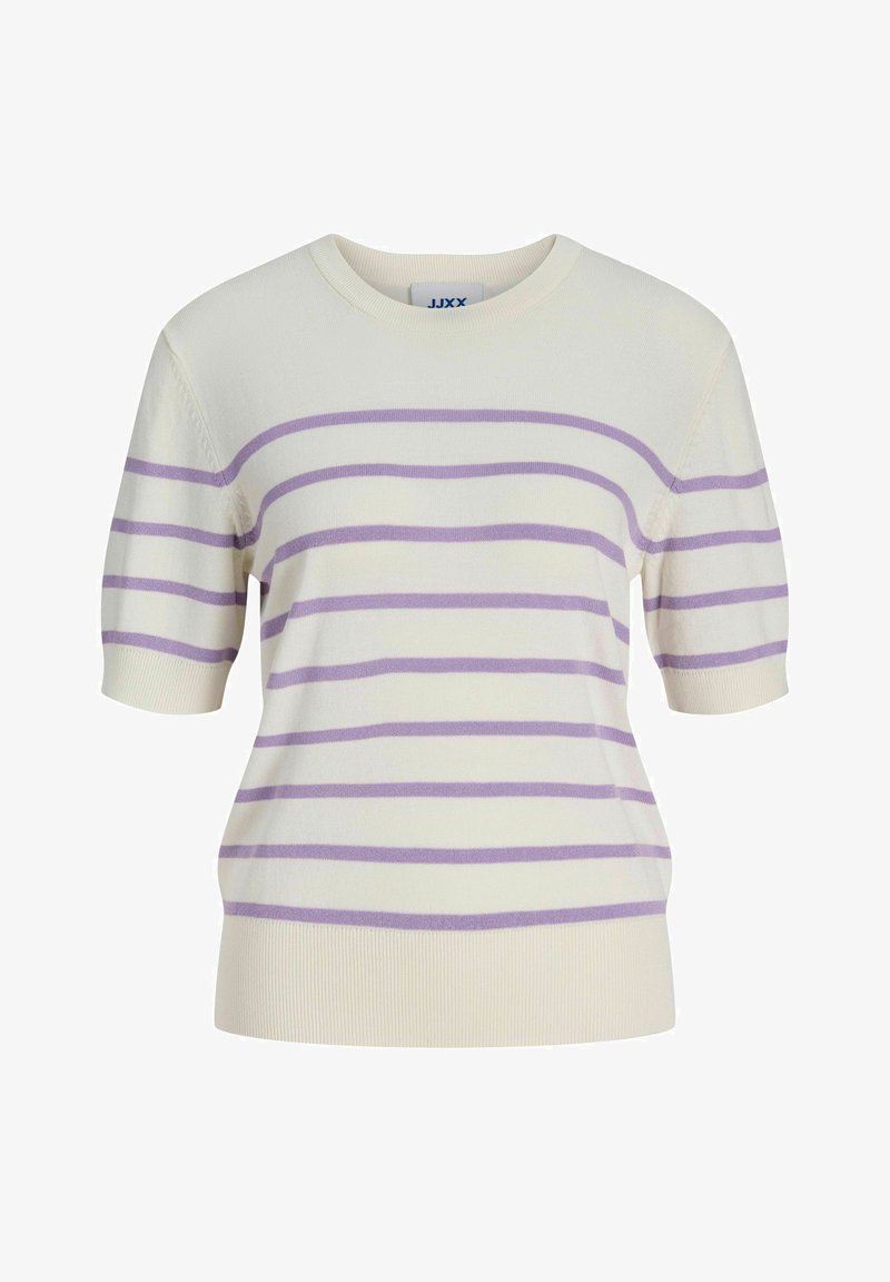 Pull en maille à manches courtes crème avec des rayures lavande horizontales, doté d'un col rond et d'un ourlet et de poignets côtelés. Texture douce.