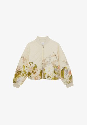 Užpildyta kreminės spalvos bomberio striukė su gėlių raštu pastelinių spalvų tonais, su užtrauktuku ir gilia apykakle bei rankogaliais.