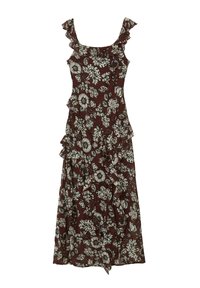 Abito maxi floreale in bordeaux con motivi bianchi, con spalline arricciate e strati che scendono sul davanti. Tessuto leggero.
