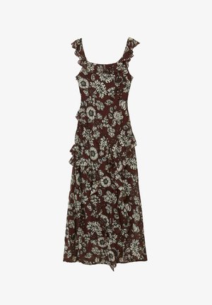 Abito maxi floreale in bordeaux con motivi bianchi, con spalline arricciate e strati che scendono sul davanti. Tessuto leggero.