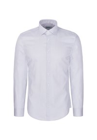 Chemise blanche à manches longues pour homme avec un petit motif géométrique subtil, boutonnée devant et col classique.