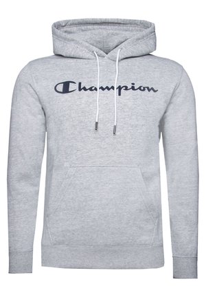 Lichtgrijze hoodie met voorzak en witte trekkoorden, met het "Champion"-logo op de borst in donkere letters.