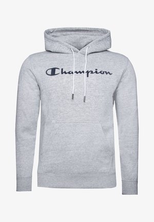 Lichtgrijze hoodie met voorzak en witte trekkoorden, met het "Champion"-logo op de borst in donkere letters.
