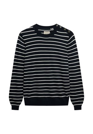 Sweter w niebiesko-białe paski z okrągłym dekoltem, długimi rękawami i przyciskiem na ramieniu. Miękka dzianina, luźny krój.