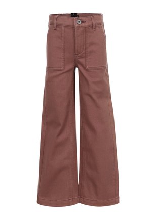 Brede benen, roestkleurige katoenen broek met voorzakken en een knoopsluiting. Kenmerkt stevige stiksels en een relaxte pasvorm.