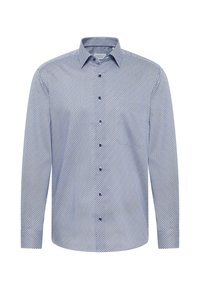 Camicia a maniche lunghe a quadri blu e bianchi realizzata in tessuto leggero, con colletto a bottone e un sottile motivo testurizzato su tutta la superficie.