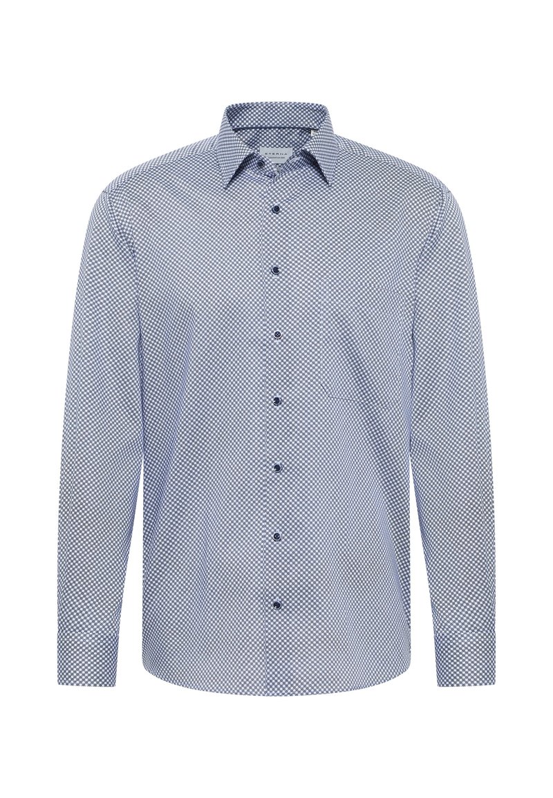 Camicia a maniche lunghe a quadri blu e bianchi realizzata in tessuto leggero, con colletto a bottone e un sottile motivo testurizzato su tutta la superficie.