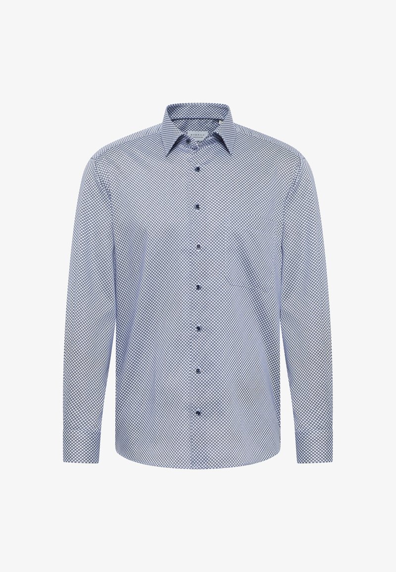 Blauw-wit geruite lange mouwen overhemd van lichtgewicht stof, met een knoopsluiting en subtiel textuurpatroon over het hele shirt.