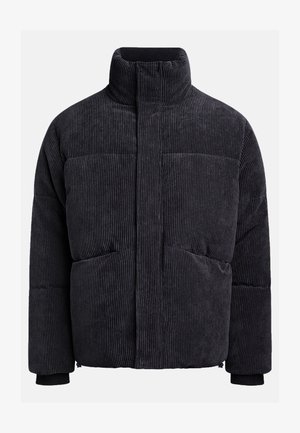 Giacca puffer in corduroy grigio scuro con colletto alto, caratterizzata da una texture a righe orizzontali, tasche frontali e polsini con zip.