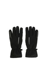 Gants noirs à coupe ajustée, dotés d'un tissu lisse, de patches antidérapants texturés, de bandes  élastiques au poignet et d'accents réfléchissants.