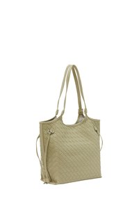 Vævet læder tote bag i blød lys gul. Har to skulderremme, en subtil glans og et rummeligt interiør med sidelayout.