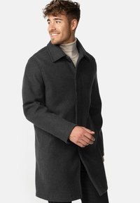 Charcoal wool coat with a lapel collar, button closure, and side pockets. Features a straight cut and a smooth texture.