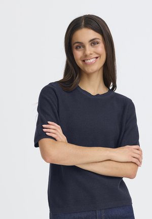 Navyblauer, gestrickter Pullover mit kurzen Ärmeln, rundem Halsausschnitt, geripptem Saum und glatter Textur. Enganliegende Silhouette mit lässigem Design.