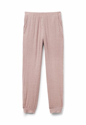 Ljust rosa ribbade loungbyxor med elastisk midja, två sidofickor och knapppdetalj fram. Muddar vid anklarna.