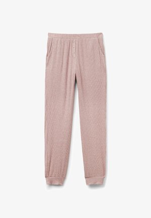 Ljust rosa ribbade loungbyxor med elastisk midja, två sidofickor och knapppdetalj fram. Muddar vid anklarna.