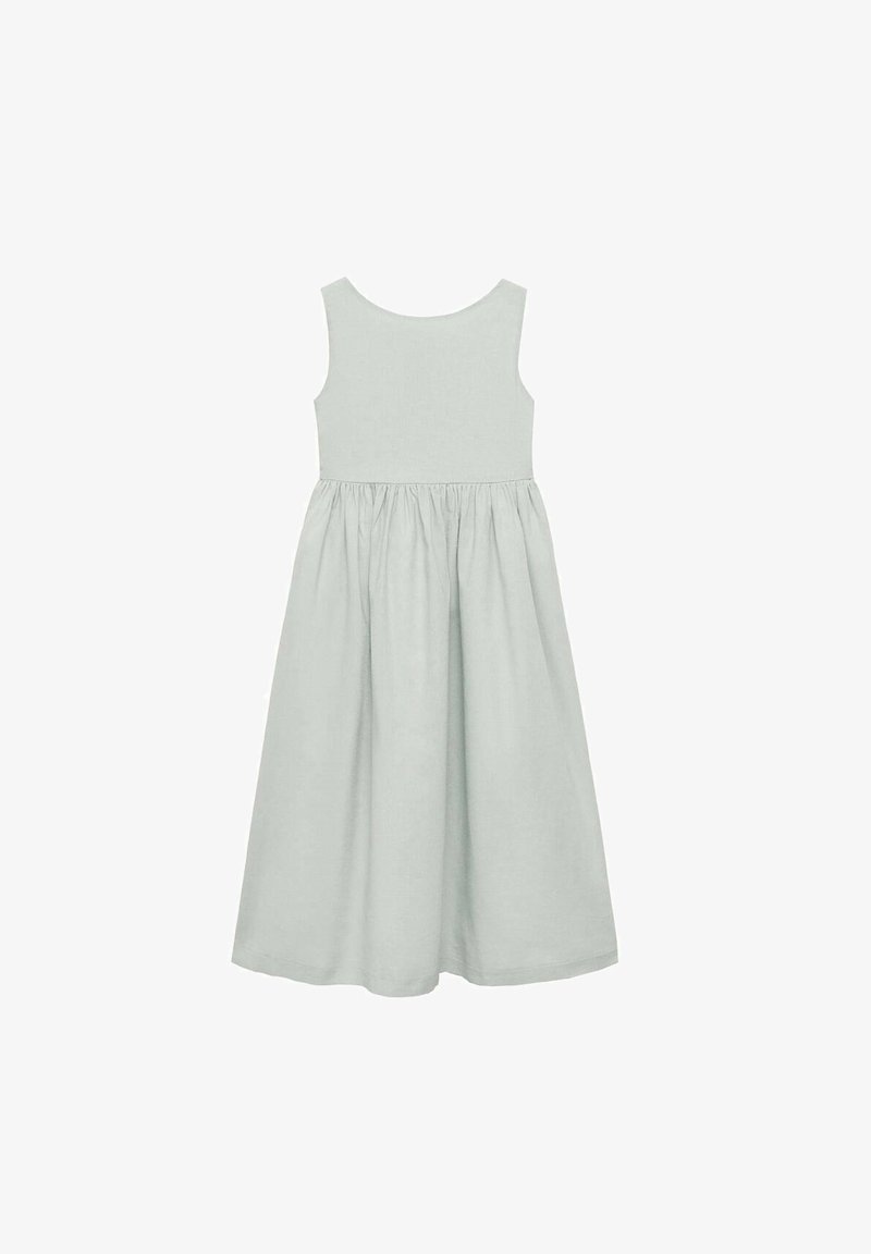 Svijetlozelena haljina bez rukava s prilagođenim korzetom i nabrano suknjom, izrađena od mekog materijala, s čistim, jednostavnim dizajnom.