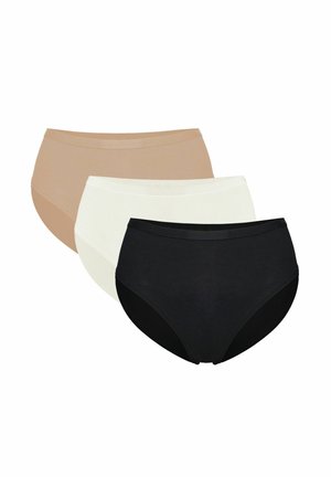 Tri dámske nohavičky v štýle brief v béžovej, bielej a čiernej farbe, zobrazené naukladané na bielom pozadí.