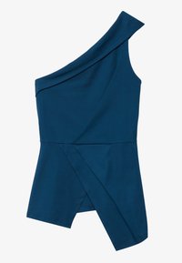 One-shoulder top in deep blue fabric with a draped neckline, angular hem, and side wrap detail, creating a structured silhouette.