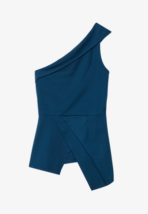One-shoulder top in deep blue fabric with a draped neckline, angular hem, and side wrap detail, creating a structured silhouette.