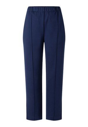 Navy blue straight-leg pants with elastic waistband and front seam details, shown on a plain white background.
