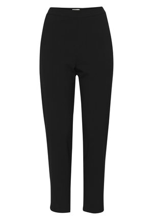 Pantaloni negri cu un design ajustat, confecționați dintr-un material neted, având o talie medie și picioare conice. Fără elemente metalice vizibile sau modele.