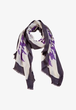 Sciarpa leggera con motivo pied-de-poule viola su sfondo crema, rifinita con un bordo grigio scuro e bordi sfrangiati.