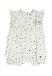 Rompers à manches courtes en gris clair avec des motifs floraux en jaune et noir. Épaules froncées et détail de bouton aux ouvertures des jambes.