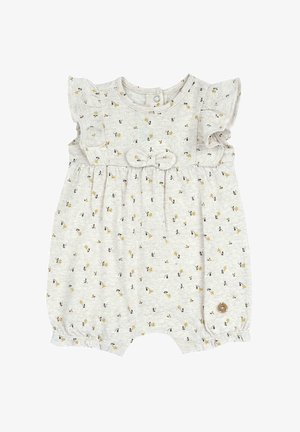 Kurzärmliger Overall in Hellgrau mit floralen Mustern in Gelb und Schwarz. Volants an den Schultern und Knopfdetail an den Beinsäumen.