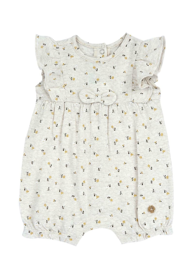 Rompers à manches courtes en gris clair avec des motifs floraux en jaune et noir. Épaules froncées et détail de bouton aux ouvertures des jambes.