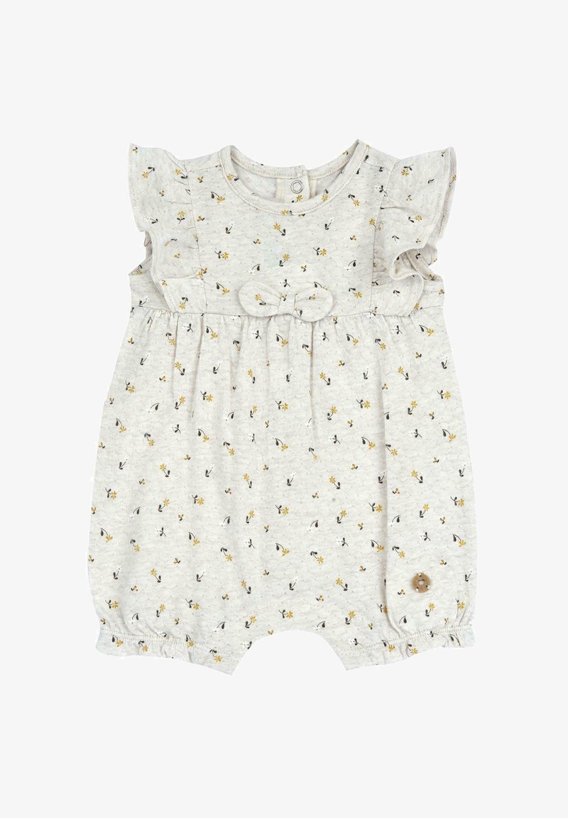 Rompers à manches courtes en gris clair avec des motifs floraux en jaune et noir. Épaules froncées et détail de bouton aux ouvertures des jambes.