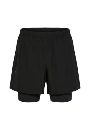 Zwarte sportshort met elastische tailleband en een aansluitende binnenlaag die onder de losse buitenste short uitkomt, weergegeven op een egale achtergrond.