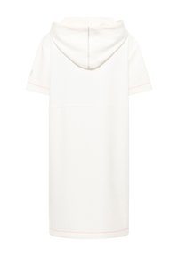 Witte hoodie jurk met korte mouwen; heeft een zachte textuur, roze accentstiksels en een reflecterend detail op de capuchonnaad.