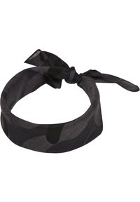 Black and dark gray patterned scarf, made of lightweight fabric, features a knotted design with smooth texture and a soft finish.