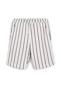 Shorts rayés en blanc et marine, en tissu tissé. Dotés d'une taille élastique, d'un cordon de serrage et de deux poches latérales.