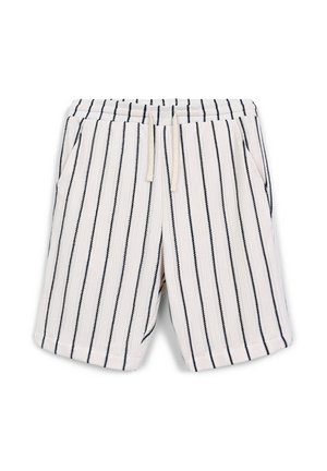 Striped shorts in white and navy, made of woven fabric. Features an elastic waistband, drawstring, and two side pockets.