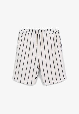 Striped shorts in white and navy, made of woven fabric. Features an elastic waistband, drawstring, and two side pockets.