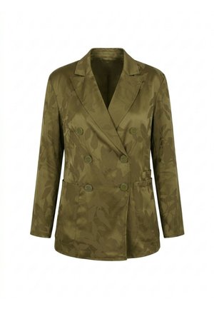 Dwurzędowa marynarka w kolorze oliwkowej zieleni z kwiatowym wzorem żakardowym, szerokimi klapami, sześcioma guzikami, długimi rękawami i przednimi kieszeniami naszywanymi.