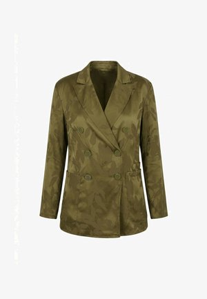 Dwurzędowa marynarka w kolorze oliwkowej zieleni z kwiatowym wzorem żakardowym, szerokimi klapami, sześcioma guzikami, długimi rękawami i przednimi kieszeniami naszywanymi.
