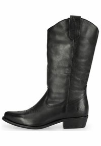 Botas de vaquero de cuero negro con punta en punta, costuras decorativas en el empeine, un caña de altura media y un tacón bajo apilado.