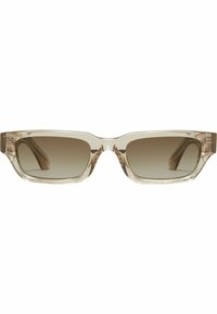 Lunettes de soleil à monture transparente avec des verres rectangulaires, teinté brun dégradé, branches épaisses et texture lisse. Design minimaliste sans marquage visible.