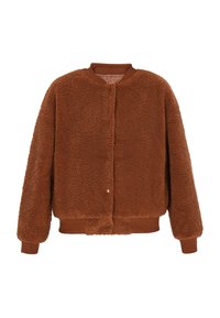 Hnědá sherpa fleece bunda s dlouhými rukávy, žebrovanými manžetami a spodním lemem, a zapínáním na patentky vpředu.