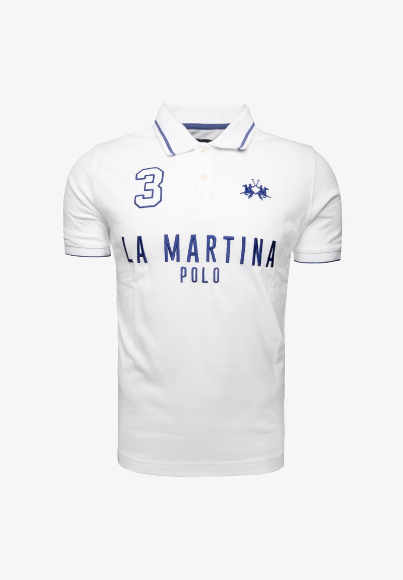 White polo shirt with blue accents, featuring embroidered "3" and "LA MARTINA POLO" text, standard collar, short sleeves, and textured fabric.
