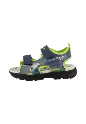 Children's sandals with a blue and green design, featuring a soccer pattern, two velcro straps, and a textured rubber sole.