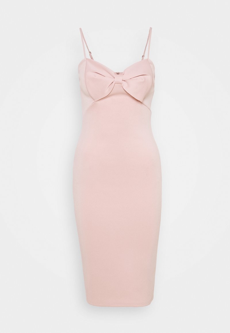 Růžové šaty na tělo s mašlí v výstřihu, nastavitelné ramínka a hladká textura, midi délka a bodycon střih.