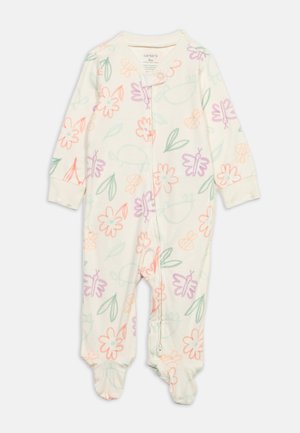 Λευκό παιδικό φορμάκι με φερμουάρ, διακοσμημένο με παστέλ λουλούδια, φύλλα και πεταλούδες σε ροζ, μοβ, πορτοκαλί και πράσινο, με μακριά μανίκια και καλυμμένα πόδια.