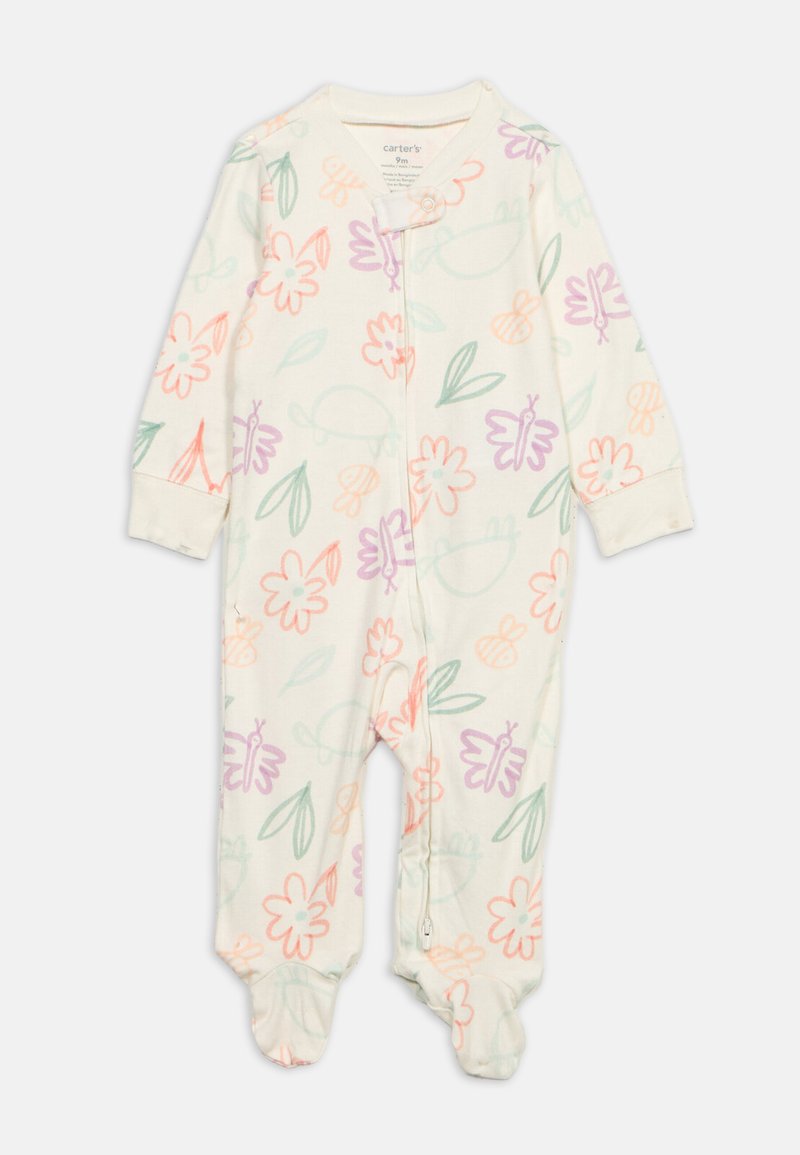 Λευκό παιδικό φορμάκι με φερμουάρ, διακοσμημένο με παστέλ λουλούδια, φύλλα και πεταλούδες σε ροζ, μοβ, πορτοκαλί και πράσινο, με μακριά μανίκια και καλυμμένα πόδια.